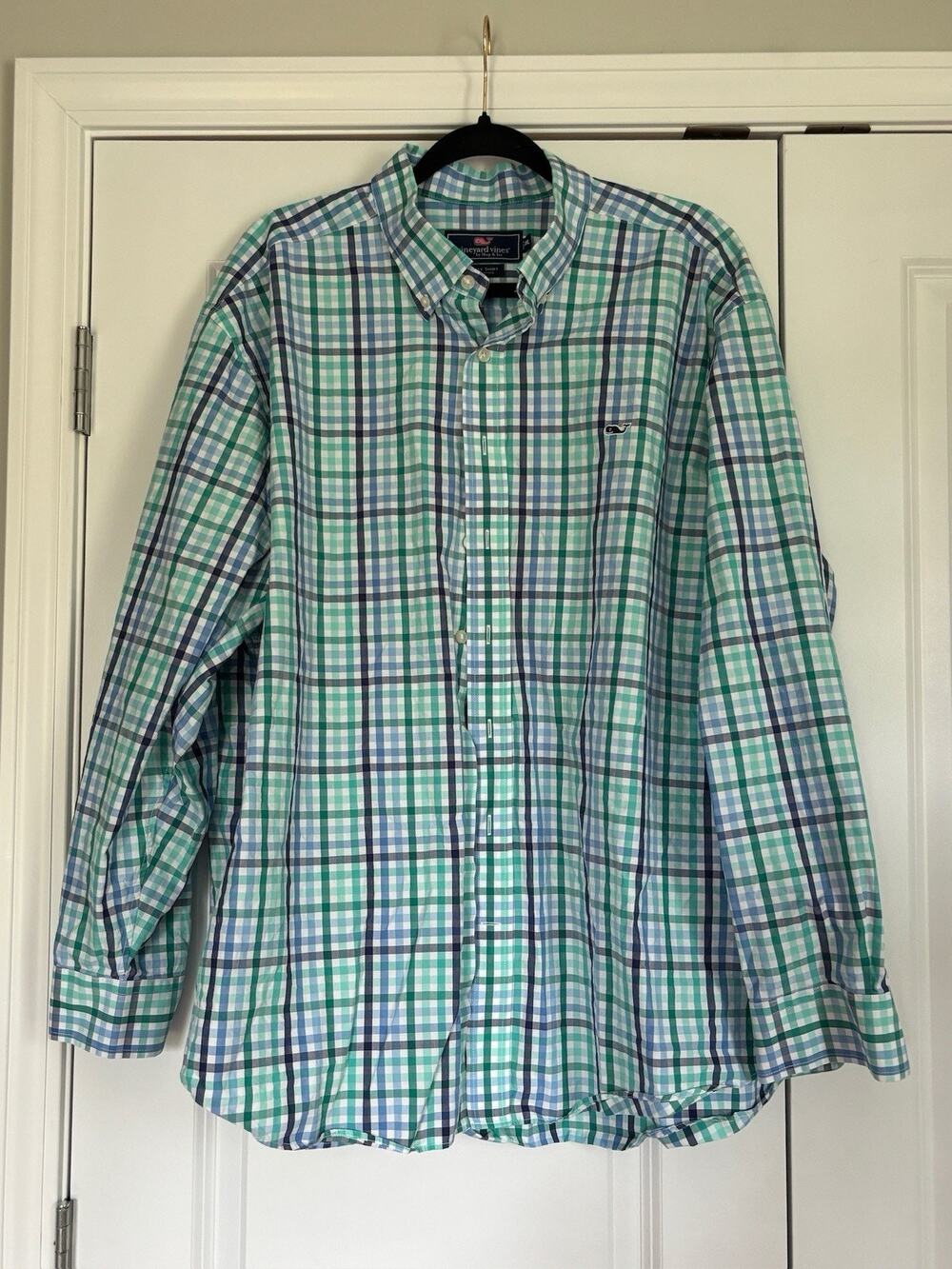 Vineyard Vines Whale Shirt Mens XXL Gingham Plaid Cotton Teal Blue Prep Classic